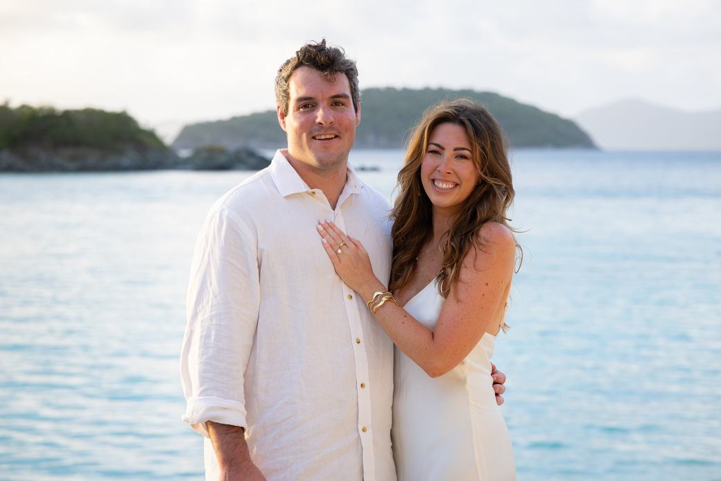 Newly engaged couple by the water in the Virgin Islands